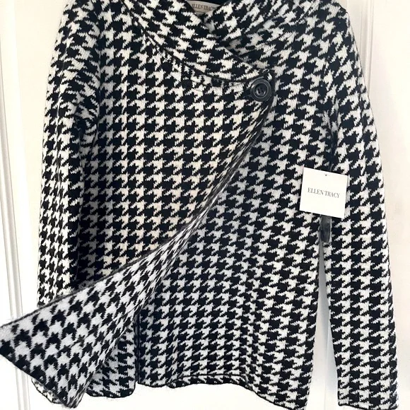 New ELLEN TRACY houndstooth soft wool blend cowl neck sweater jacket - Picture 2 of 7